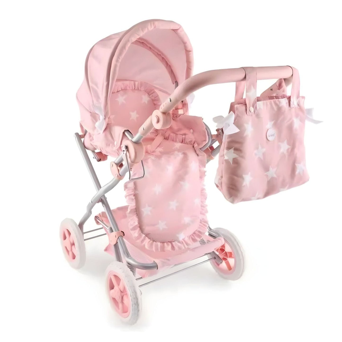 Carrinho de Passeio Grande para Bonecas La Nina rosa com estrelas e mala para passeios imaginários