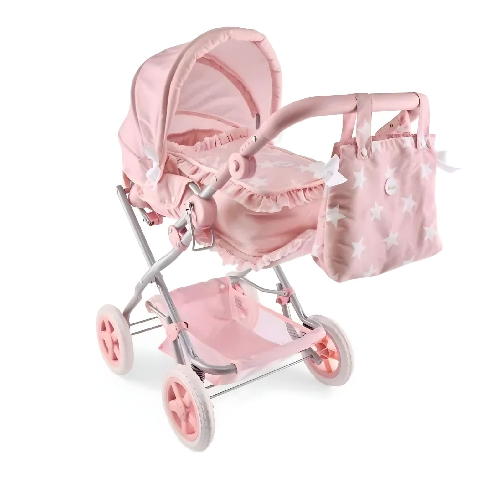 Carrinho de Passeio Grande para Bonecas La Nina rosa com estrelas e mala para passeios imaginários
