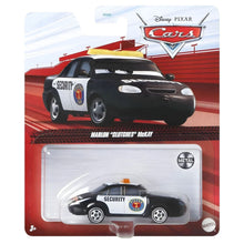 Carrinho Cars Disney Marlon Clutches McKay da Mattel com visual de segurança preto e branco e luz laranja no tejadilho