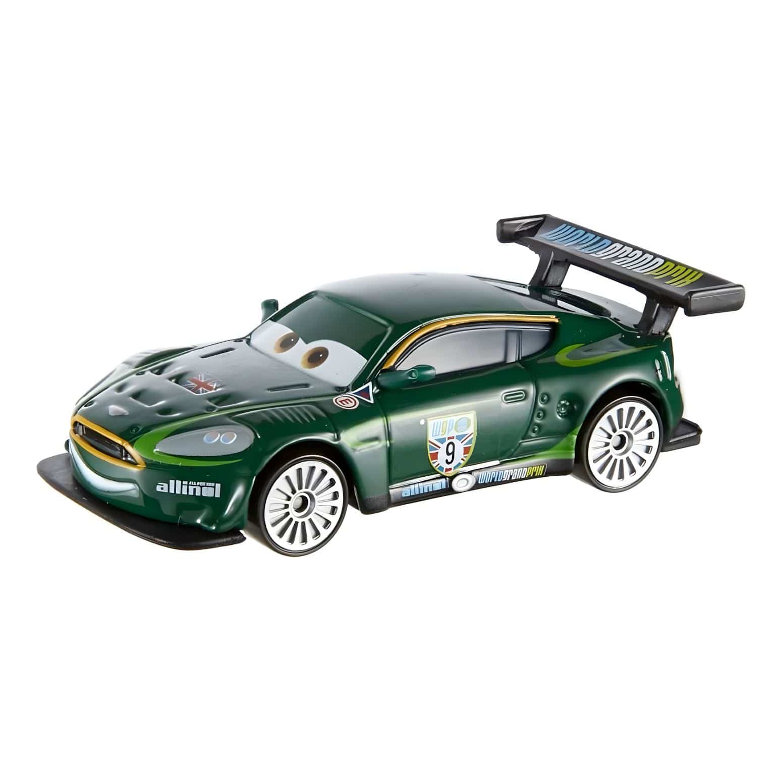 Cars Disney Nigel Gearsley com detalhes de piloto de corrida britânico