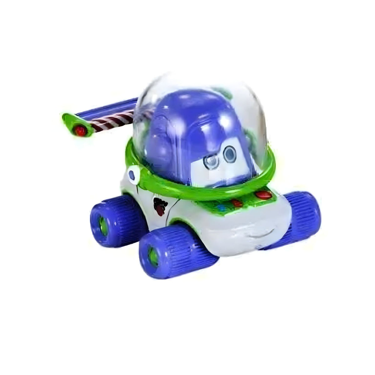 Coche en miniatura Cars Buzz Lightyear inspirado en Toy Story, blanco, verde y morado, con cúpula transparente.