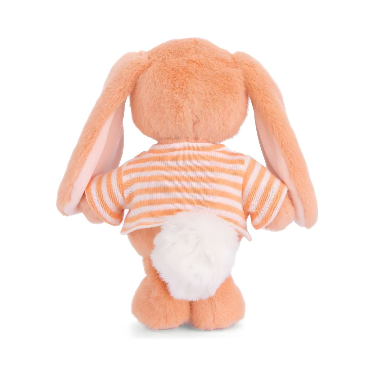 Coelho de peluche cor-de-laranja com t-shirt às riscas brancas e laranja