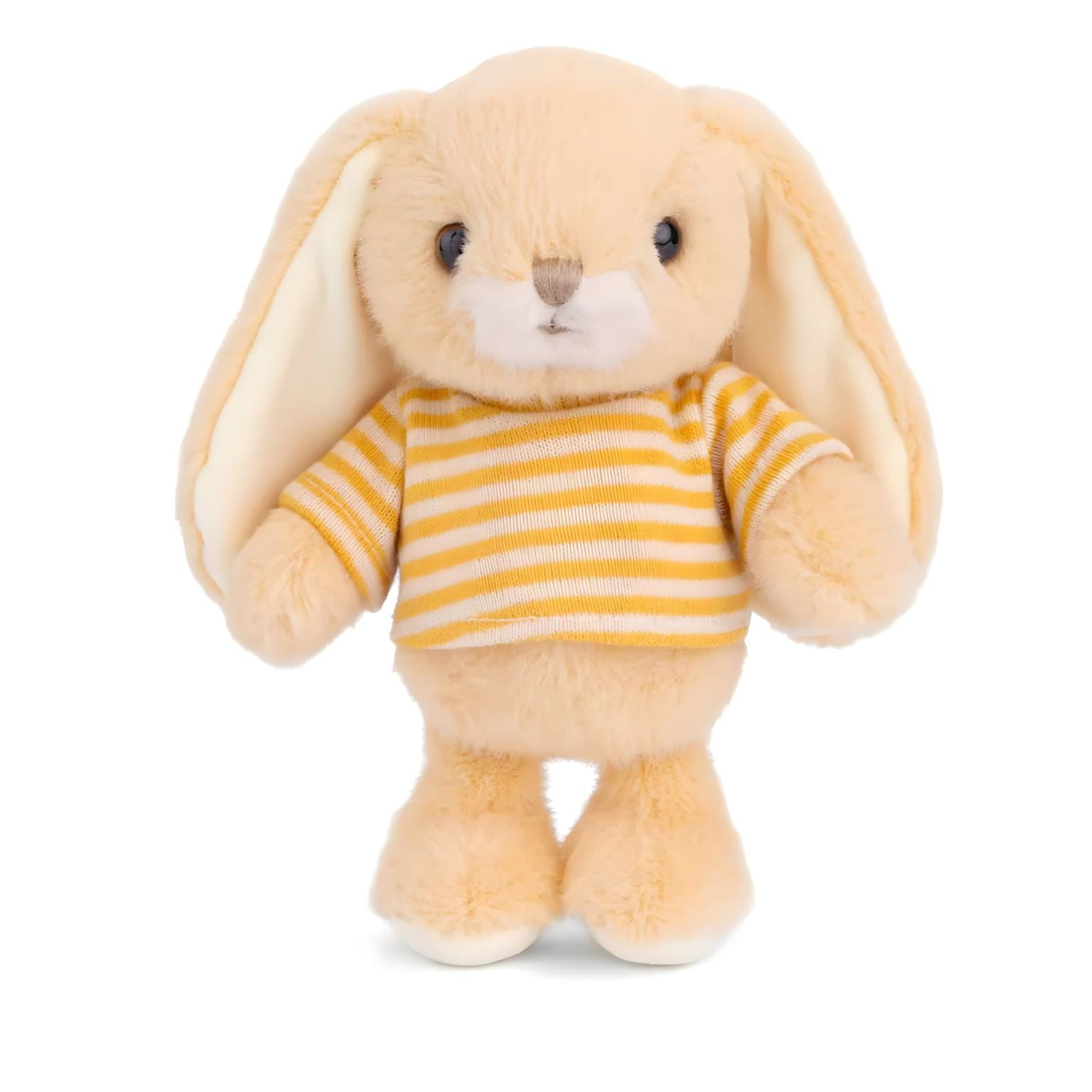 Coelho de peluche amarelo com t-shirt às riscas brancas e amarelas