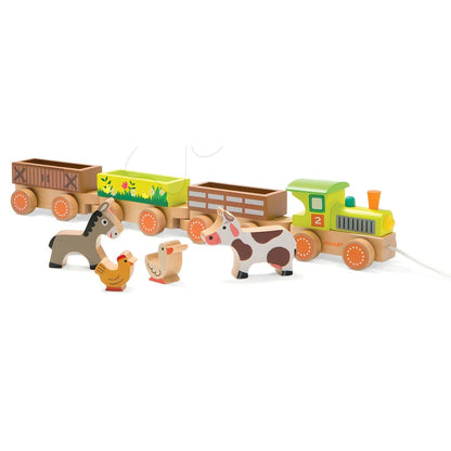 Tren de madera Story Farm de Janod con locomotora verde, vagones y animales de granja