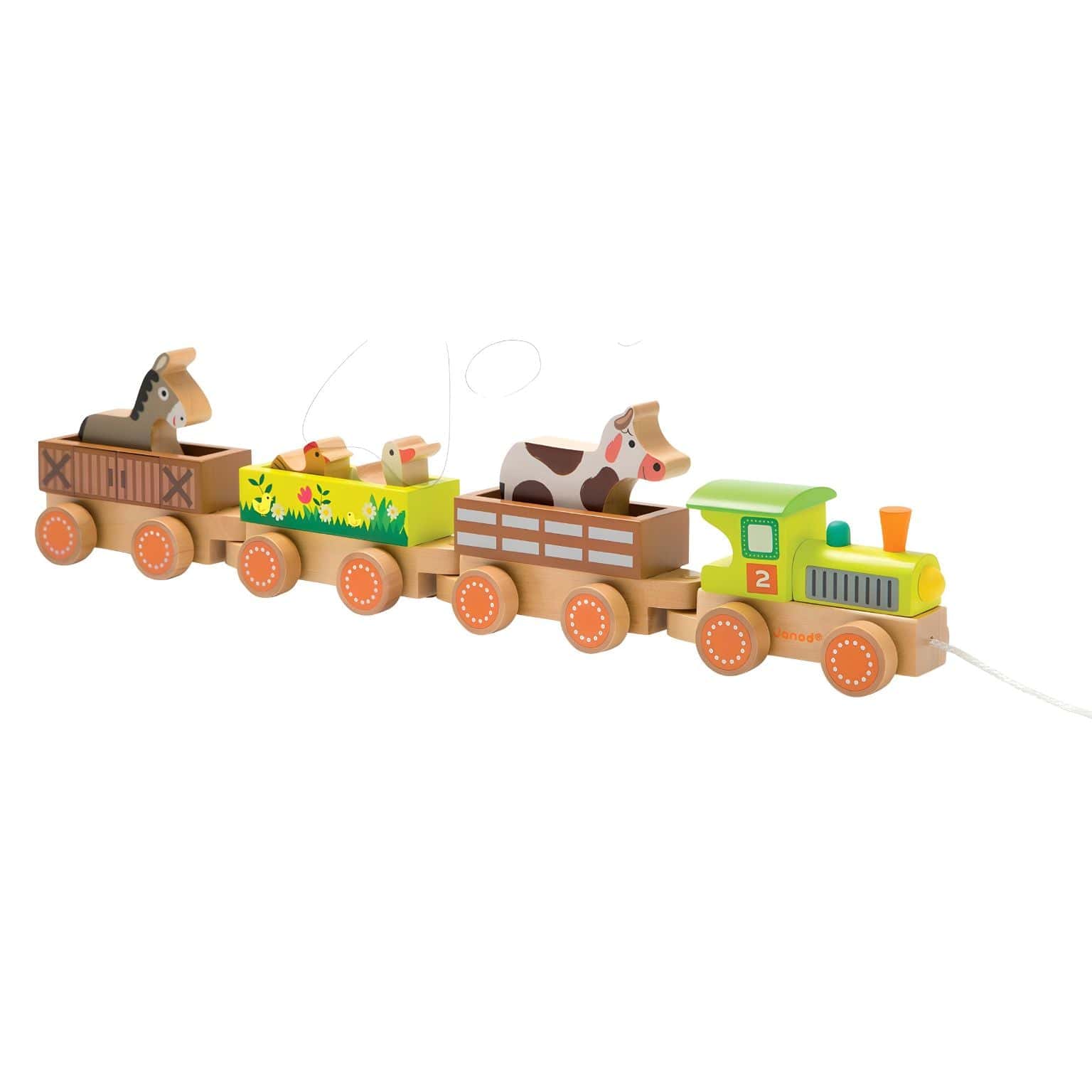 Comboio em madeira Story Farm da Janod com locomotiva verde, carruagens e animais da quinta