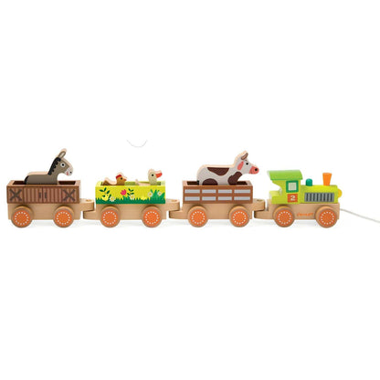 Tren de madera Story Farm de Janod con locomotora verde, vagones y animales de granja