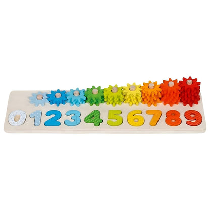 Set Educativo Aprende a Contar Goki con números de colores y ruedas dentadas en secuencia arcoíris