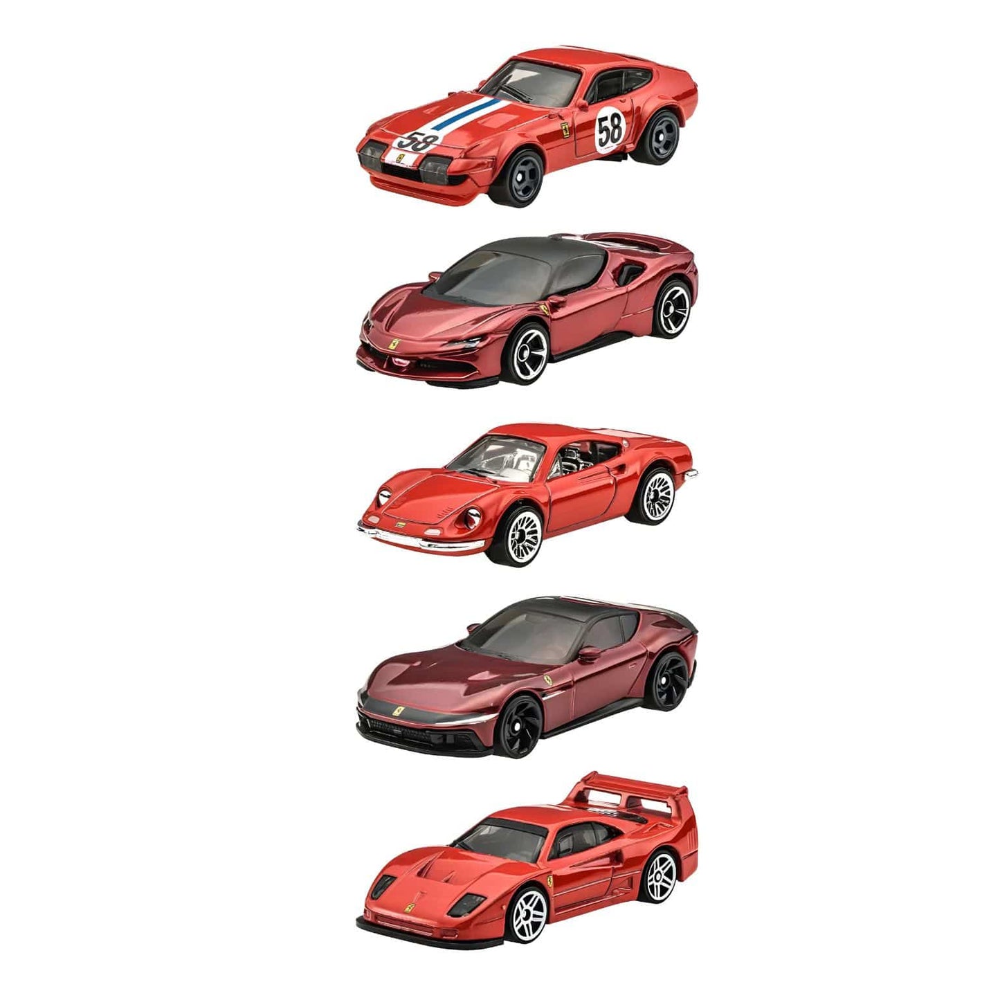Cinco carros Hot Wheels Ferrari em conjunto temático