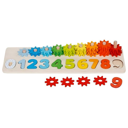 Set Educativo Aprende a Contar Goki con números de colores y ruedas dentadas en secuencia arcoíris