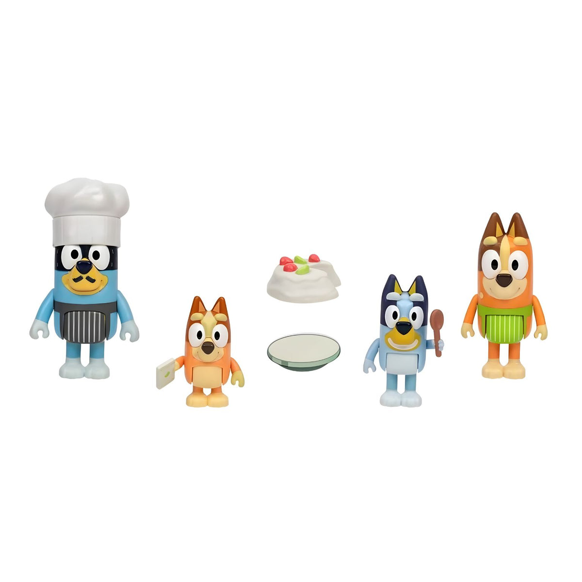 Figuras de Bluey, Bingo, Bandit y Chilli del conjunto familiar Bluey Pavlova