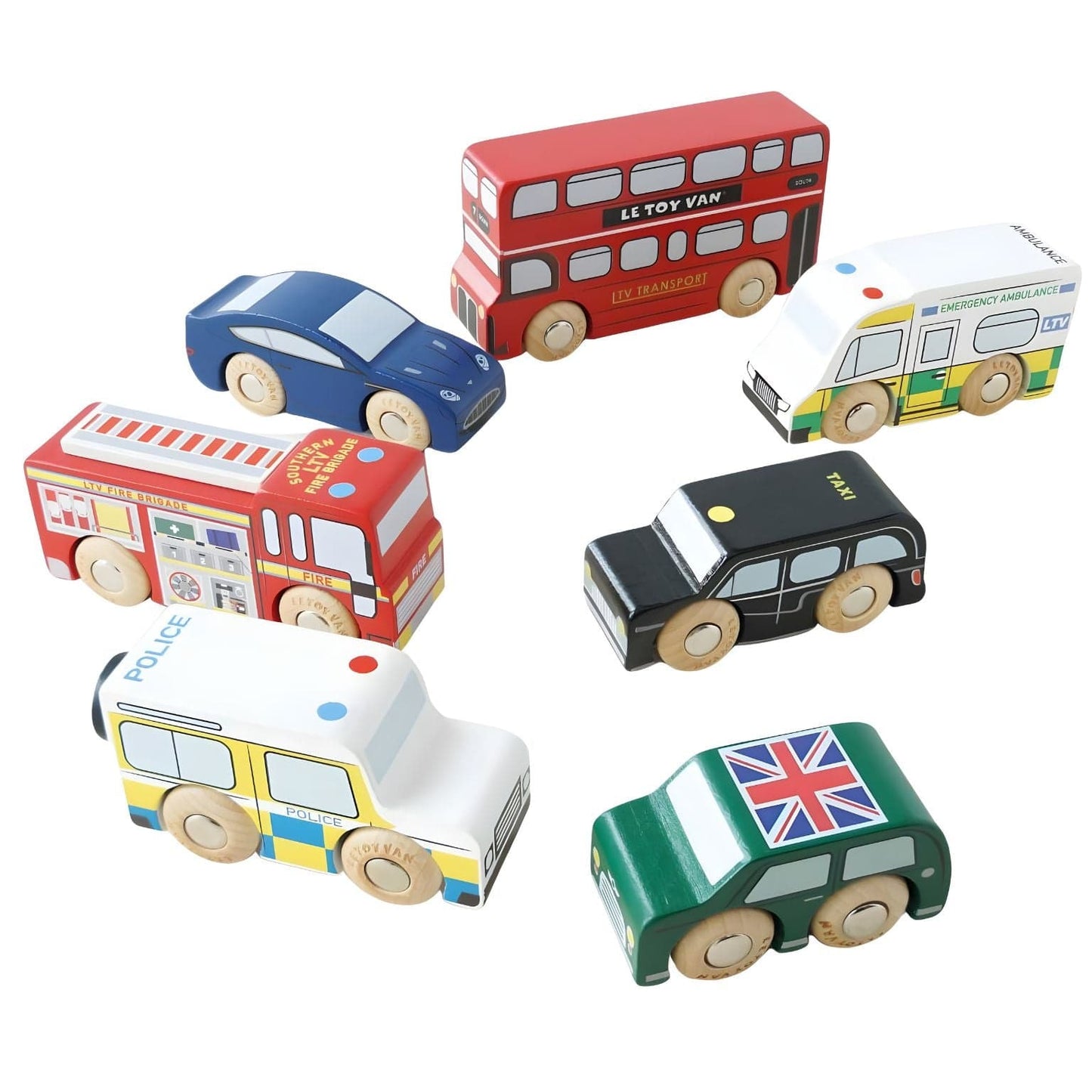 Conjunto de Carros de madeira Londres Le Toy Van veículos cidade autocarro táxi polícia ambulância bombeiros