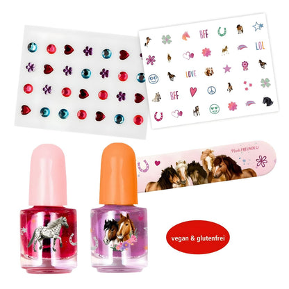 Conjunto de Uñas Amigos de los Caballos con esmaltes de colores, pegatinas y purpurina para niños