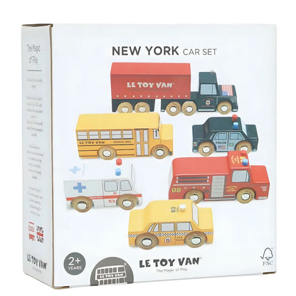 Set de coches de madera Nueva York con taxi, autobús escolar, policía, ambulancia, bomberos y camión