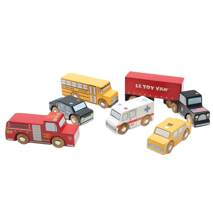 Set de coches de madera Nueva York con taxi, autobús escolar, policía, ambulancia, bomberos y camión
