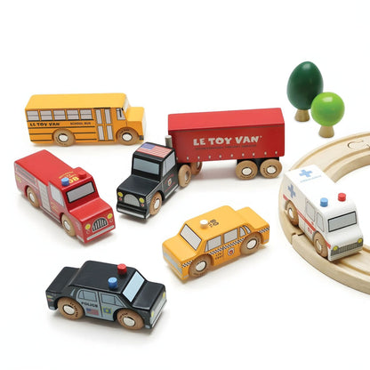 Set de coches de madera Nueva York con taxi, autobús escolar, policía, ambulancia, bomberos y camión