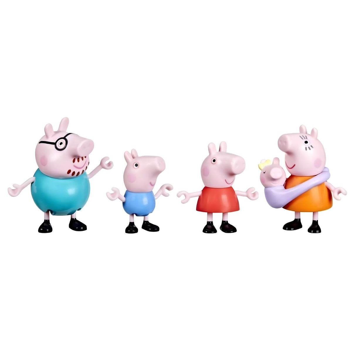 Figuras de la familia Peppa Pig: Papá Pig, George, Peppa, Mamá Pig y bebé Evie en portabebés