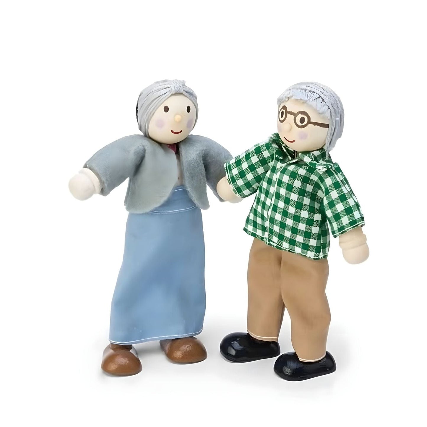 Conjunto figuras Daisylane - Avós da Le Toy Van com dois avós numa cena de festa e casa de bonecas