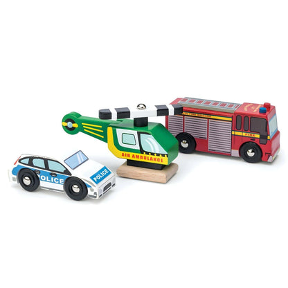 Set vehículos de emergencia de madera con helicóptero, coche de policía y camión de bomberos de Le Toy Van