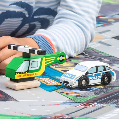 Set vehículos de emergencia de madera con helicóptero, coche de policía y camión de bomberos de Le Toy Van