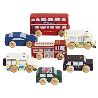 Set de Coches de madera Londres Le Toy Van vehículos ciudad autobús taxi policía ambulancia bomberos