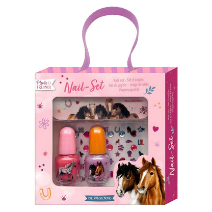 Conjunto de Uñas Amigos de los Caballos con esmaltes de colores, pegatinas y purpurina para niños