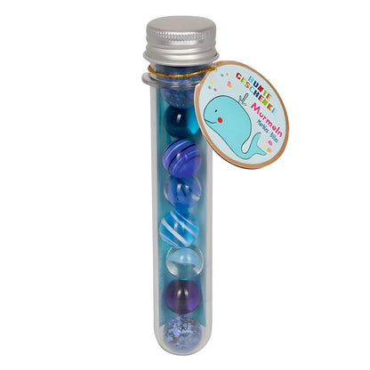 Conjunto de canicas Océano Azul Spiegelburg en tonos azules con patrones marmoleados y tubo transparente