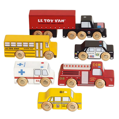 Set de coches de madera Nueva York con taxi, autobús escolar, policía, ambulancia, bomberos y camión