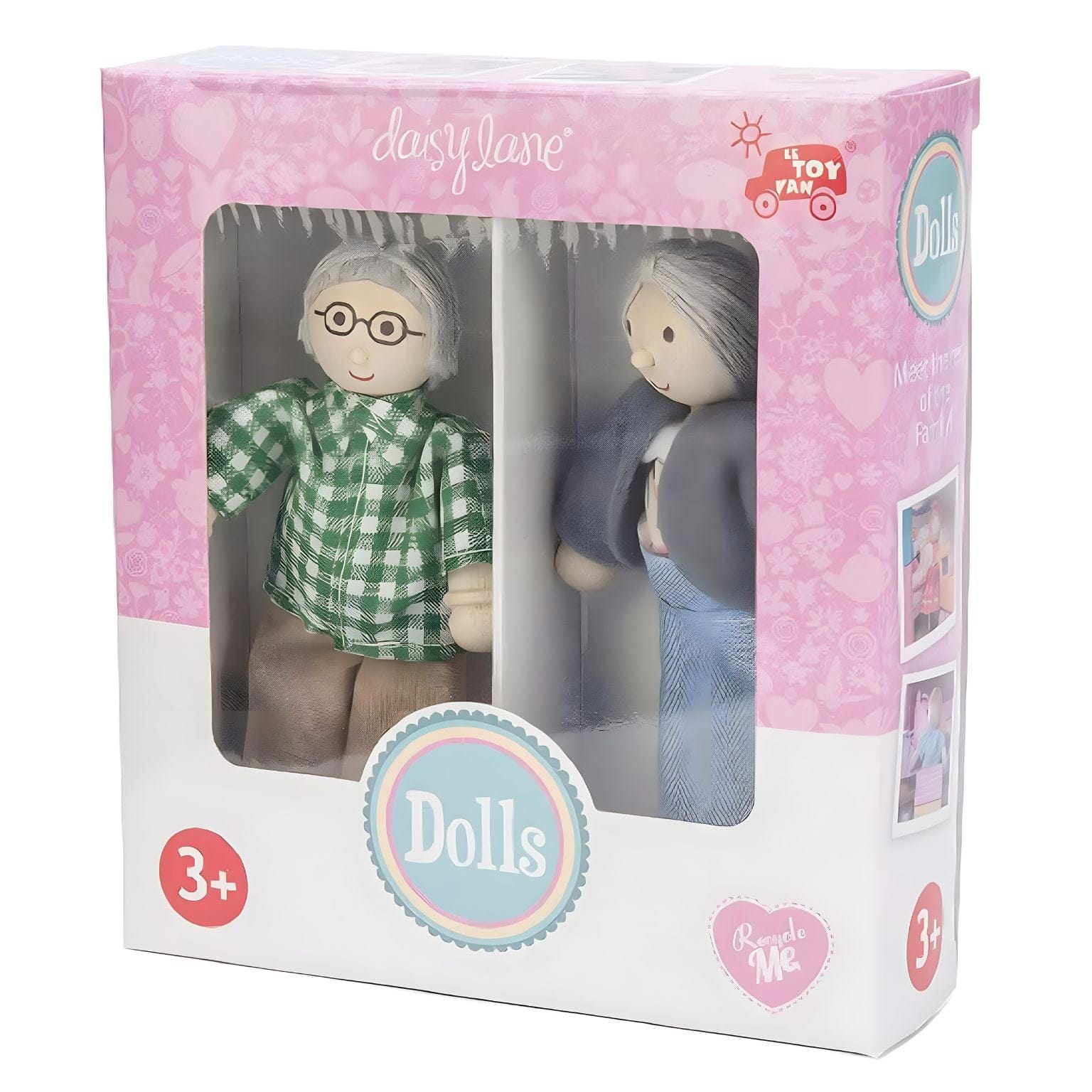 Conjunto figuras Daisylane - Avós da Le Toy Van com dois avós numa cena de festa e casa de bonecas