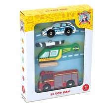 Conjunto veículos de emergência em madeira com helicóptero, carro da polícia e camião dos bombeiros da Le Toy Van