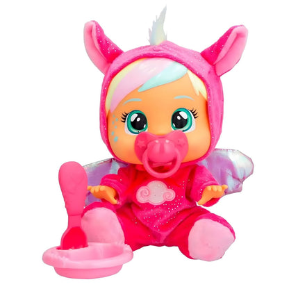Boneca Hannah com fato rosa com asas, chupeta, taça e colher
