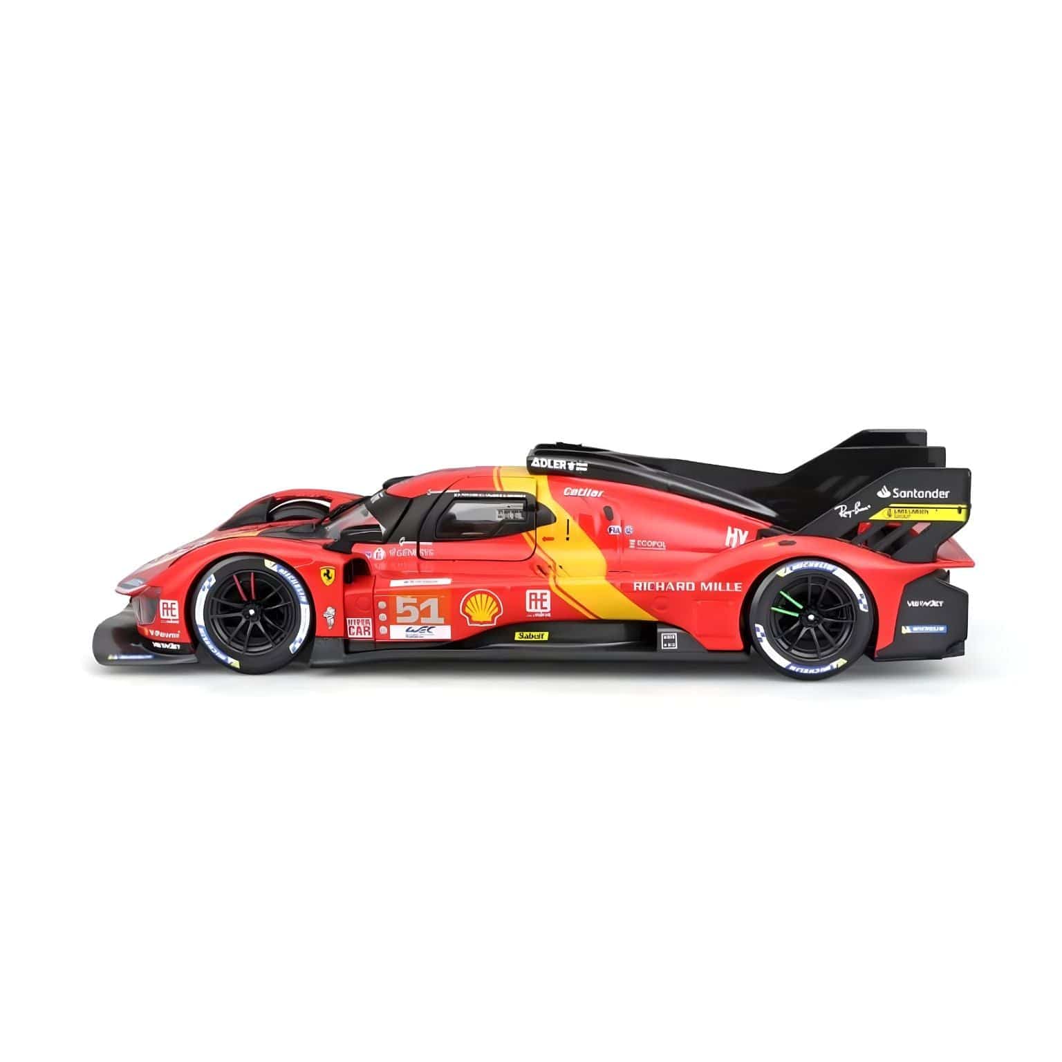 Ferrari 499P Winner 24H Le Mans 2023 Bburago em vermelho vista lateral e frontal