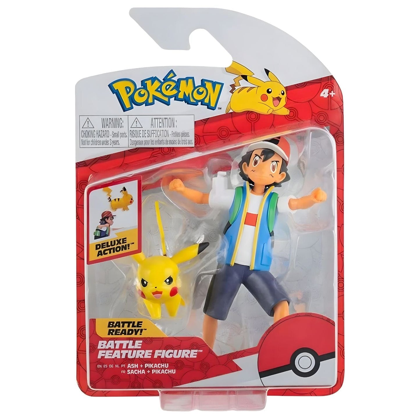 Figura Pokemon Ash e Pikachu em pose de batalha com Pikachu a saltar