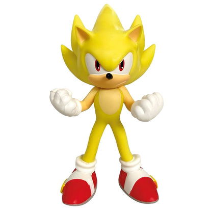 Figura Super Sonic Amarillo de Comansi con guantes blancos y zapatos rojos, personaje Sonic dorado en pose de acción
