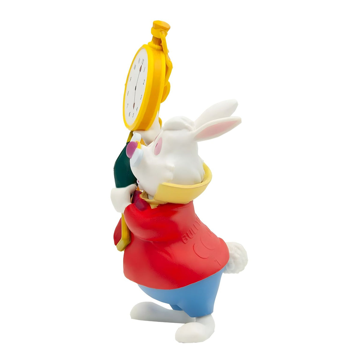 Miniatura del Conejo Blanco Disney con chaleco amarillo, gafas y reloj dorado sujeto por una cadena.