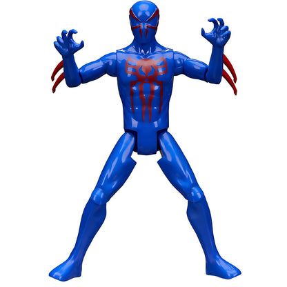 Figura Spider-Man 2099 con máscara azul y detalles rojos en el traje