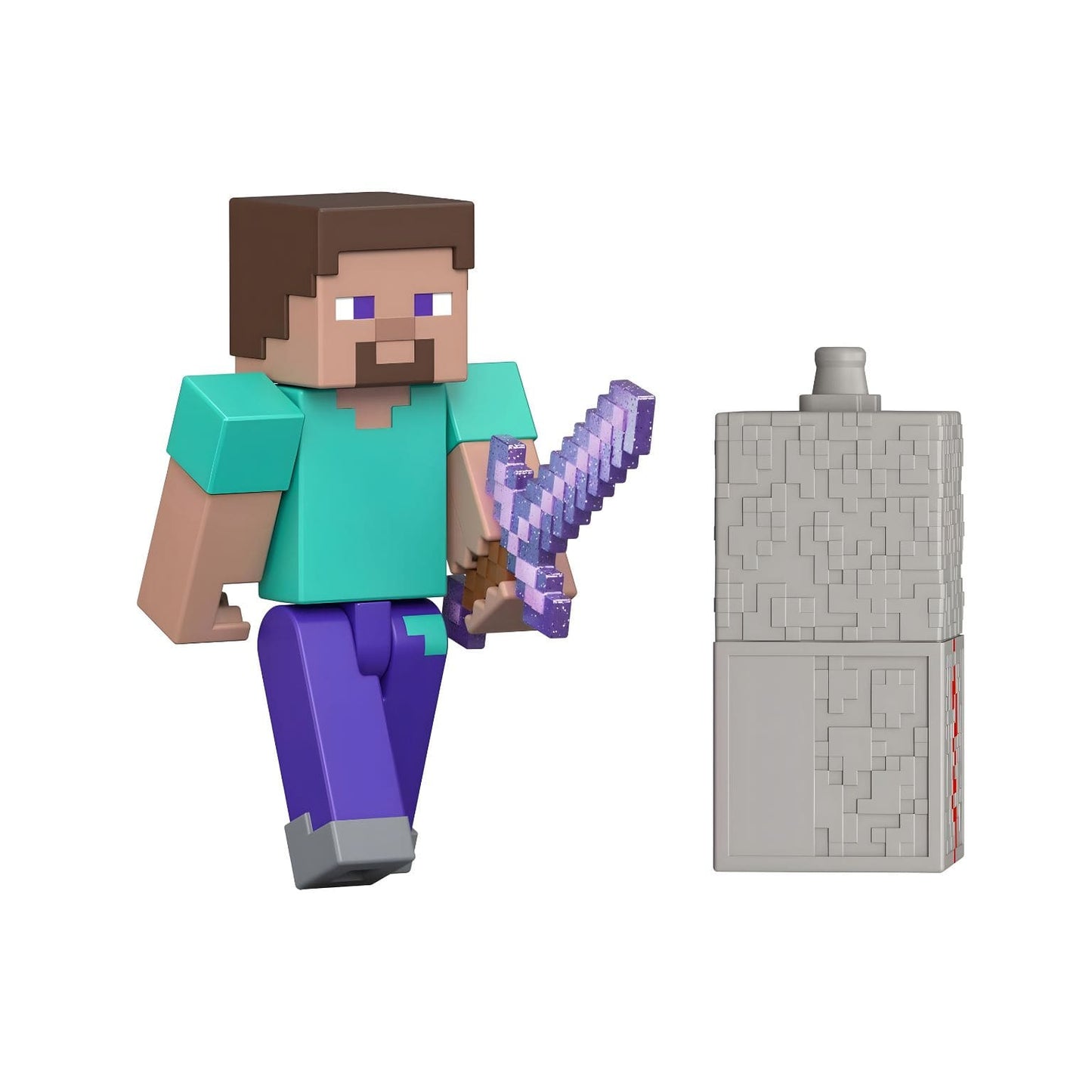 Figura Minecraft Steve com acessório redstone em embalagem