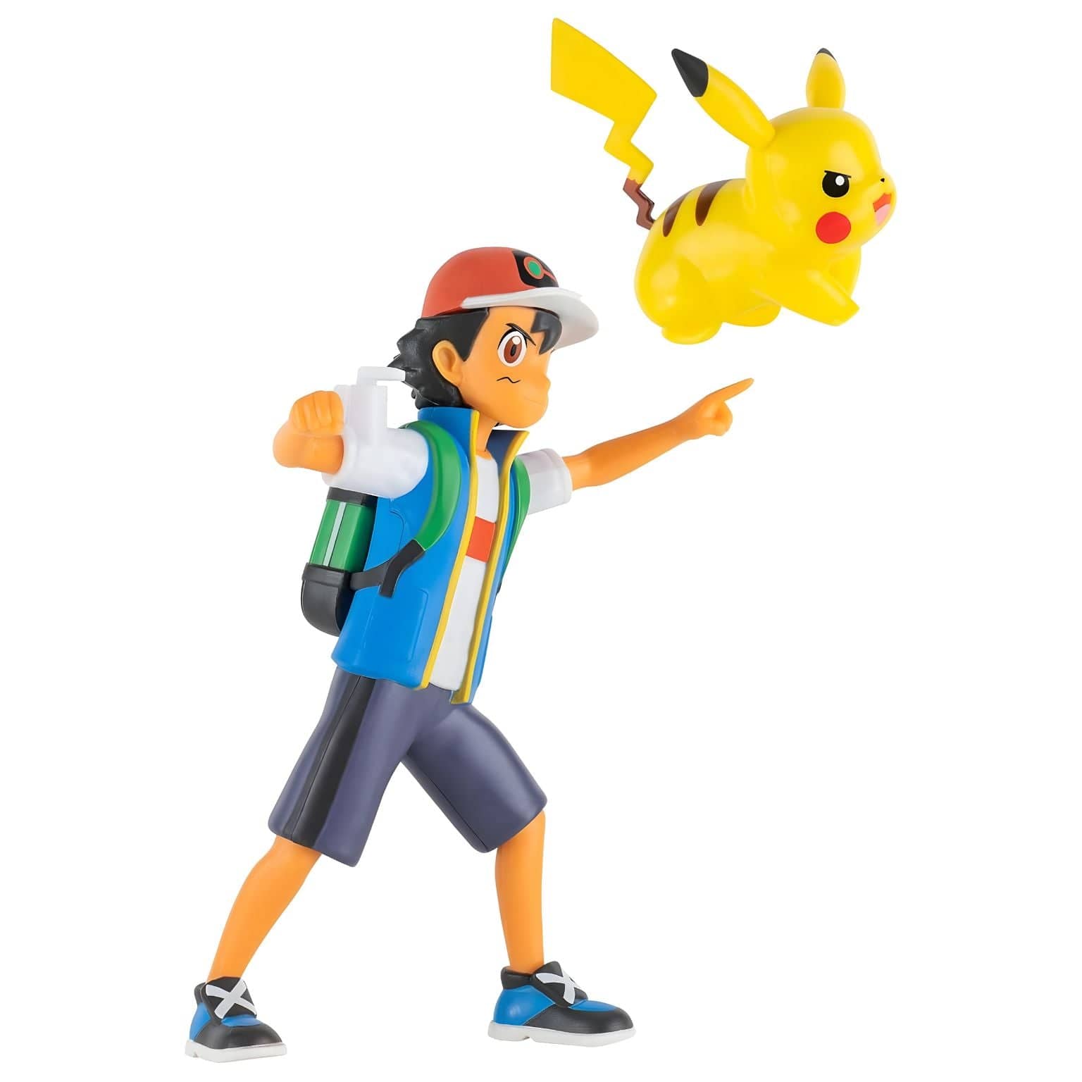 Figura Pokemon Ash e Pikachu em pose de batalha com Pikachu a saltar