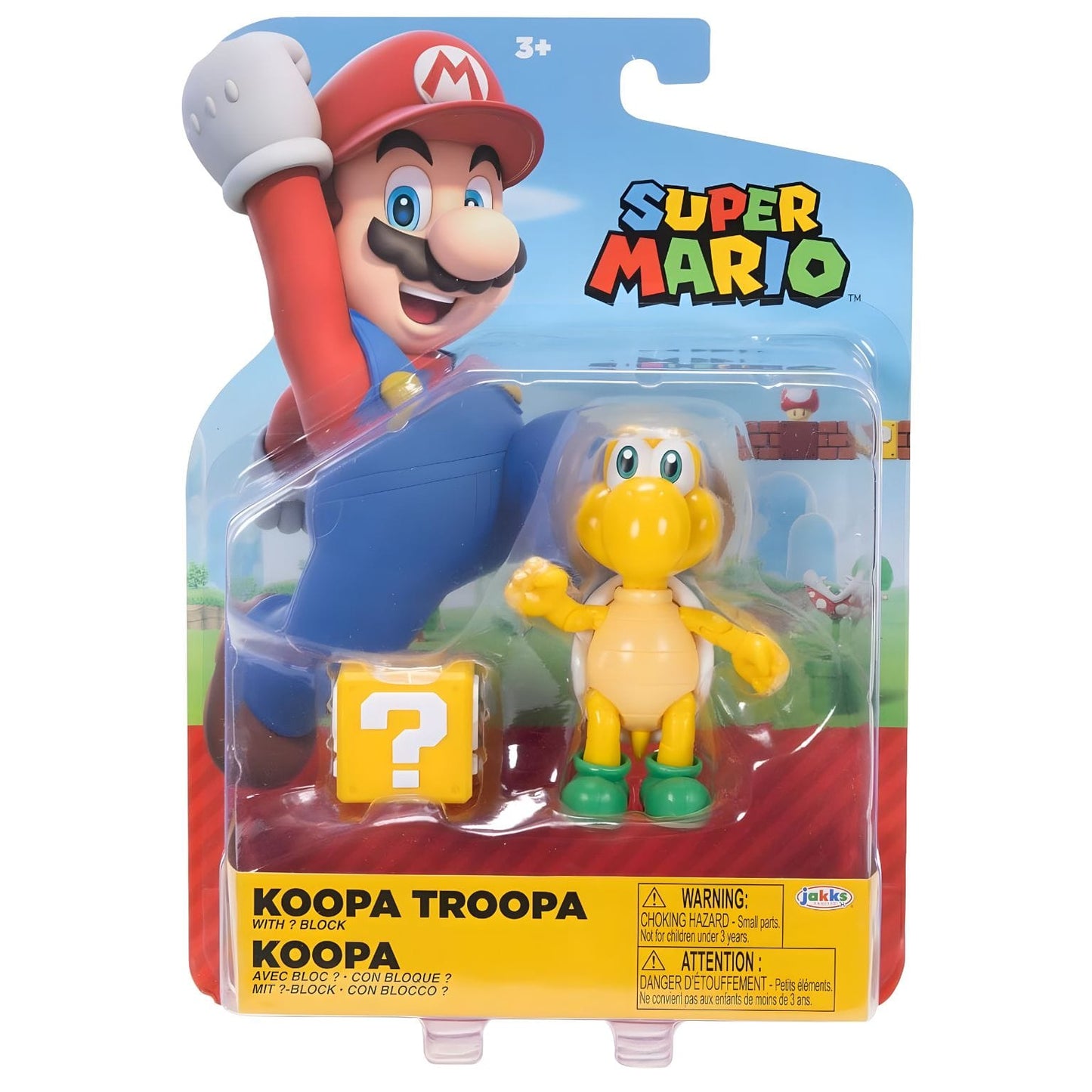 Figura Super Mario Koopa amarela com carapaça verde e bloco de interrogação