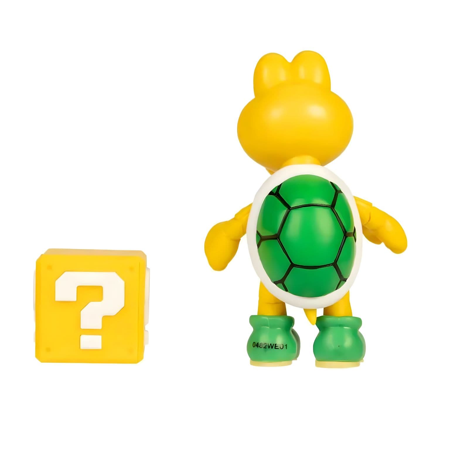 Figura Super Mario Koopa amarela com carapaça verde e bloco de interrogação