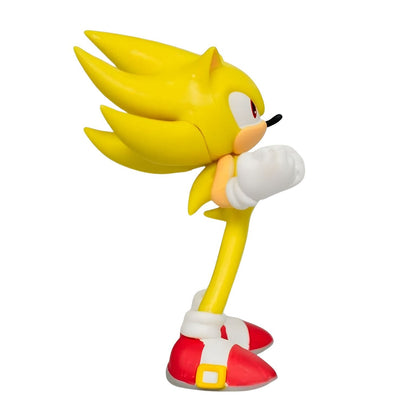 Figura Super Sonic Amarillo de Comansi con guantes blancos y zapatos rojos, personaje Sonic dorado en pose de acción