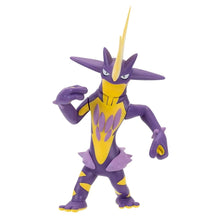 Figura Pokémon Toxtricity roxa e amarela, vista de frente
