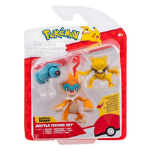 Figuras Pokémon Beldum, Monferno e Abra na embalagem
