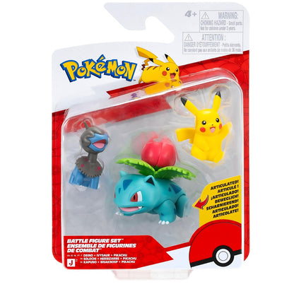 Embalaje del conjunto de tres figuras Pokémon Pikachu, Deino e Ivysaur