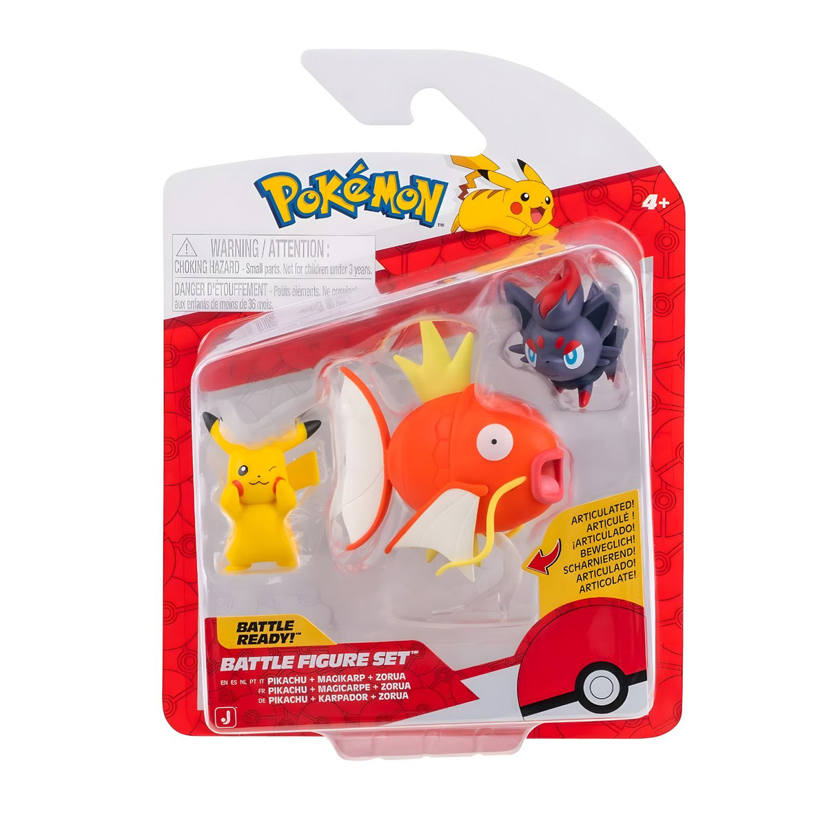 Figuras Pokémon Pikachu, Magikarp e Zorua em pack de batalha