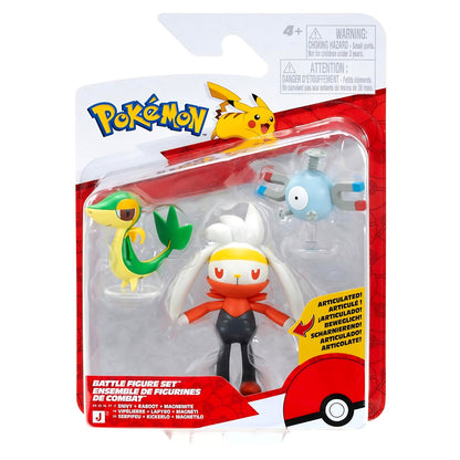 Embalaje del conjunto de tres figuras Pokémon Magnemite, Snivy y Raboot
