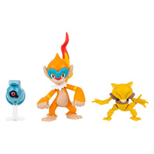 Figuras Pokémon Beldum, Monferno e Abra lado a lado