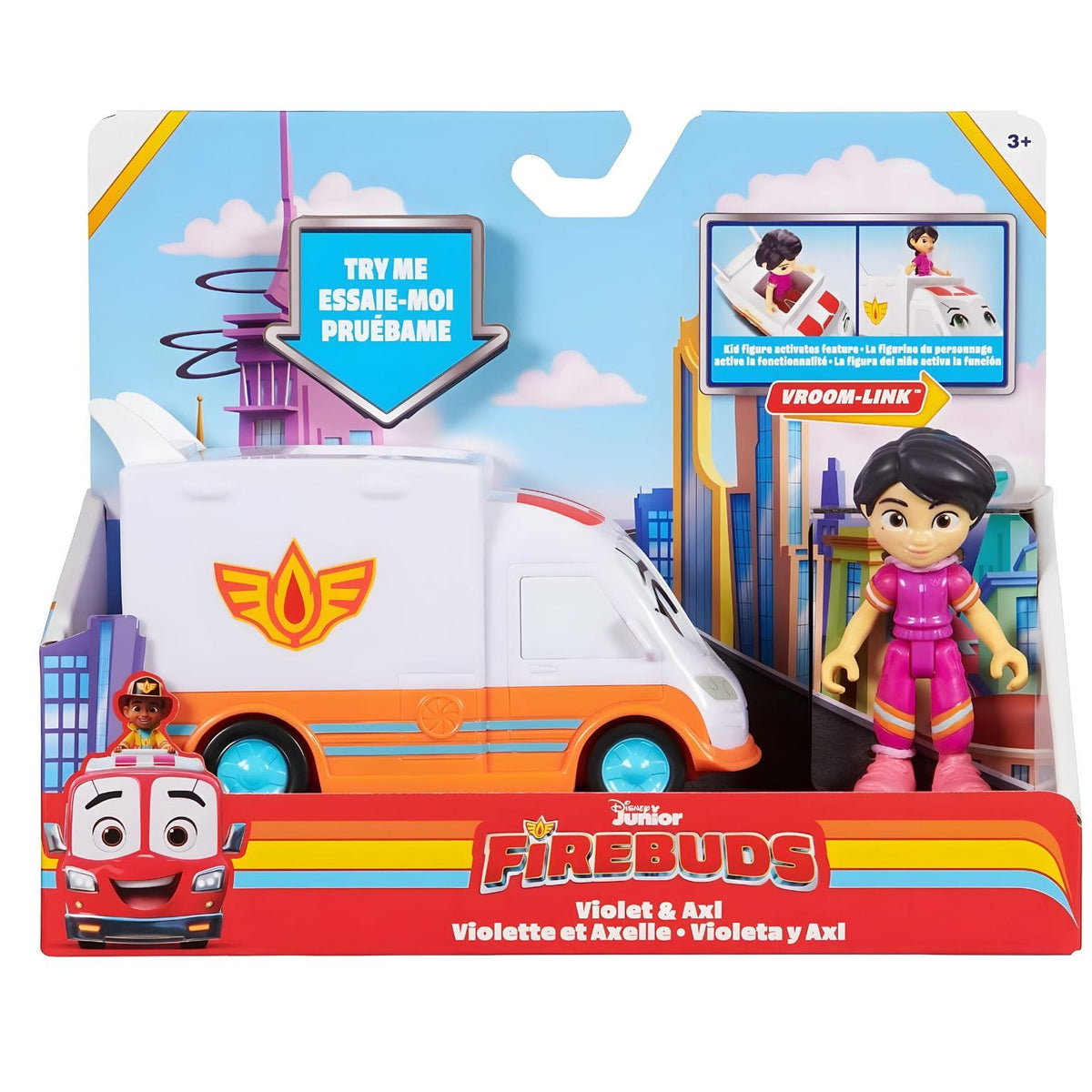 Firebuds Violet y Axl de Disney Junior con figura y vehículo de rescate