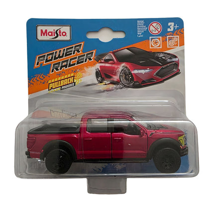 Ford F-150 Raptor Pullback 1/43 rojo de Maisto en embalaje y en destaque lateral