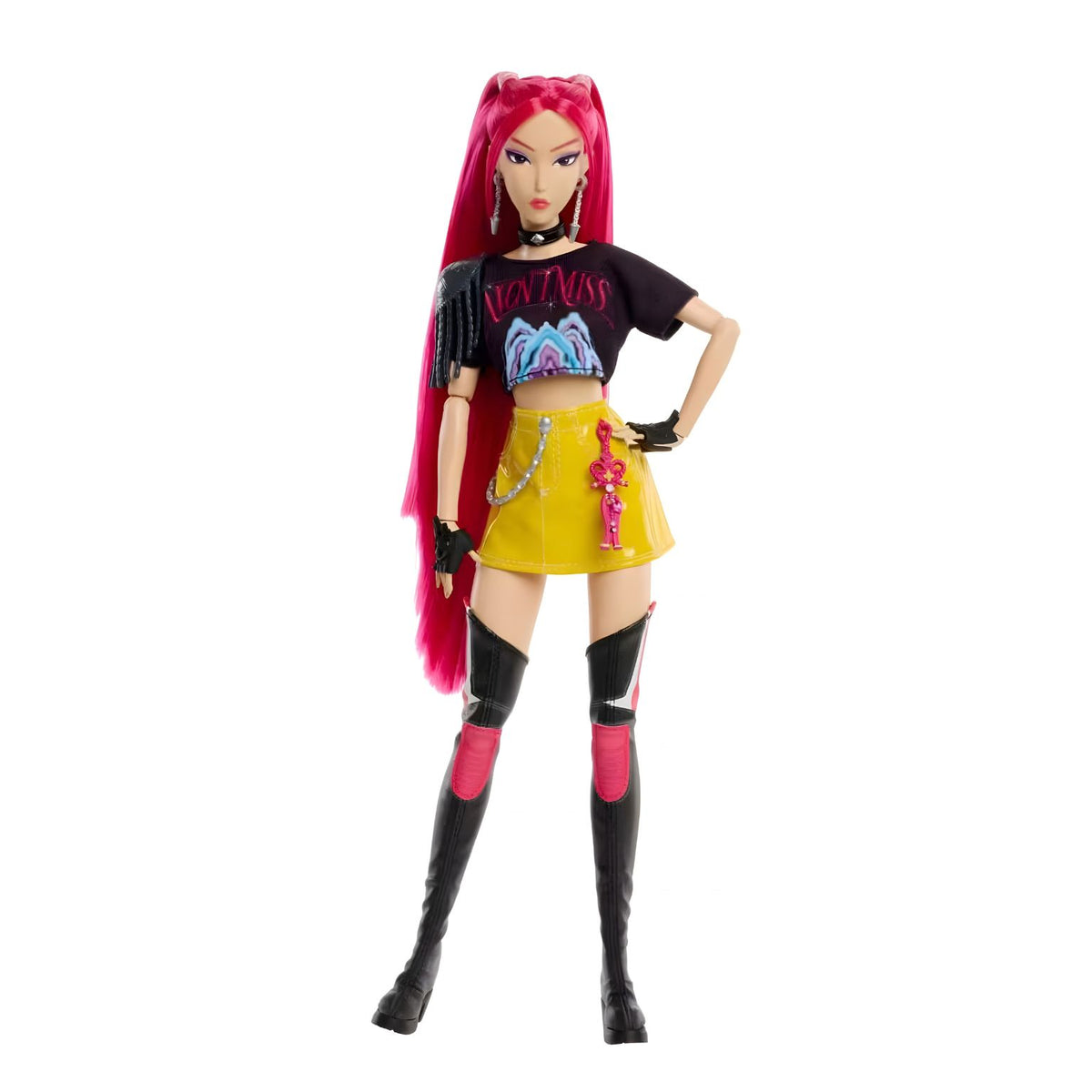 Boneca Mira HUNTR/X de K-Pop Demon Hunters com cabelo rosa