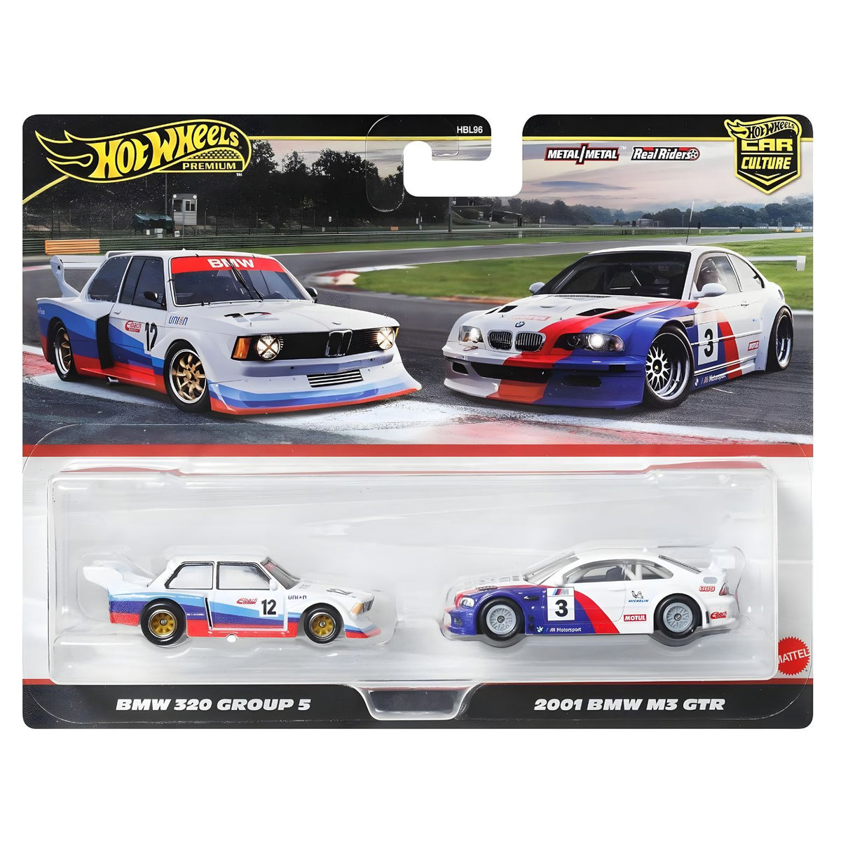 Embalaje Hot Wheels Premium Car Culture con dos miniaturas BMW 320 Group 5 y 2001 BMW M3 GTR